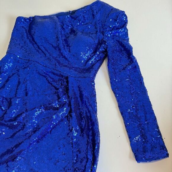LUSSO Australia Womens Royal Blue One Shoulder Asymmetrical Sequin Mini Dress 6 - Picture 7 of 16